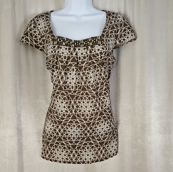 NWOT LOFT brown & cream geometric print beaded blouse top Womens Medium - Picture 2 of 8